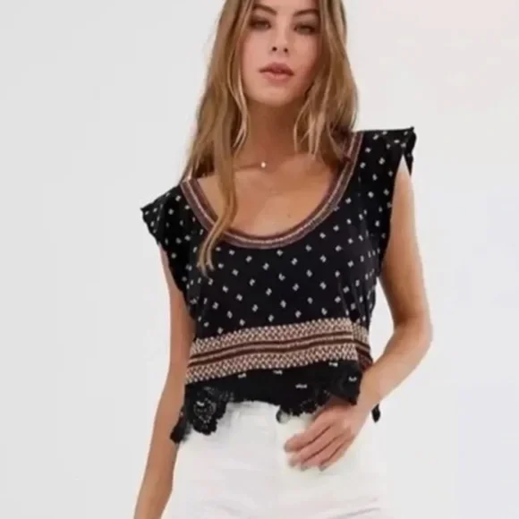 Free People Santorini Tank Top Crochet Trim Embroidered Smocked Back Size L EUC - Picture 1 of 14